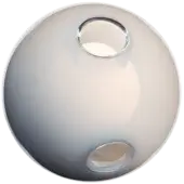 Bocci 28 pendant lamp, off-white ceramic, spherical form with two amber glass inserts emitting a warm glow.